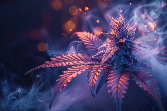 Close-up of a vibrant, glowing cannabis plant with colorful leaves amid mystical smoke in purple and orange hues, creating an ethereal atmosphere.