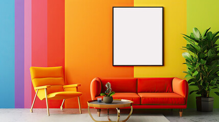 Vibrant colorful living room with framed poster mockup. Concept of colorful decor, modern interior and stylish living space