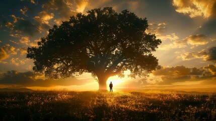 Lonely man standing under majestic tree in evening meadow during stunning golden sunset