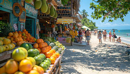 Organic fruit market on the tropical beach, ecology and green energy concept, renewable energy concept eco