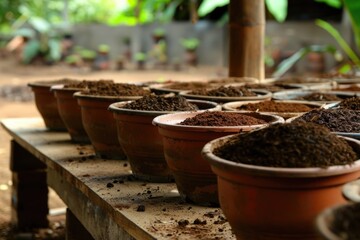 A queue of pots with soil ready for sowing for plant and food production