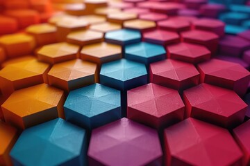 Vibrant 3D hexagonal pattern in a colorful gradient, showcasing geometric symmetry and modern abstract design art.