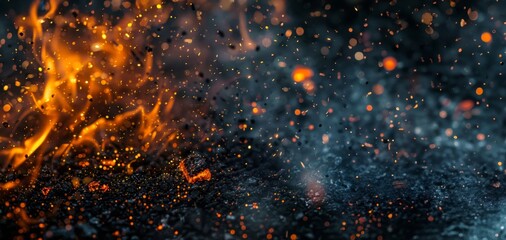 Close up of burning embers and sparks on a dark background, fire particles background, smoke, sparkles, glitter.