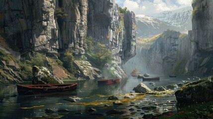 A river with boats lying on it near cliffs and mountains