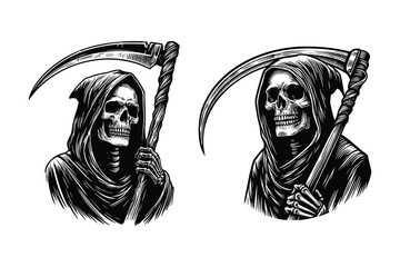 grim reaper skull holding a scythe. black and white hand drawn grim reaper illustration