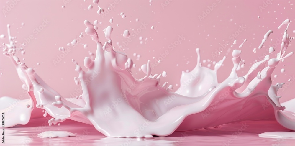 Poster 3d rendering of splash liquid milk or cream isolated on pink background with space for text