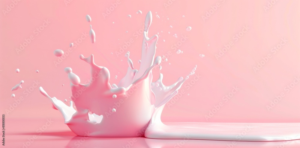 Poster 3d rendering of splash liquid milk or cream isolated on pink background with space for text