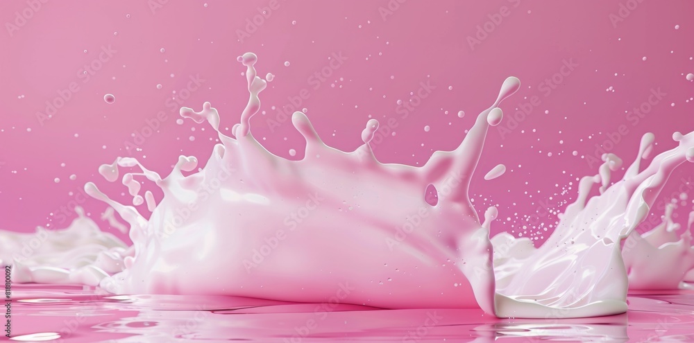 Poster 3d rendering of splash liquid milk or cream isolated on pink background with space for text