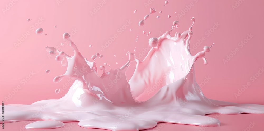 Poster 3d rendering of splash liquid milk or cream isolated on pink background with space for text