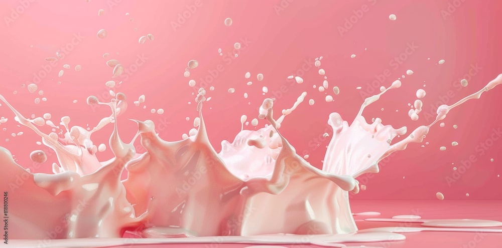 Poster 3d rendering of splash liquid milk or cream isolated on pink background with space for text
