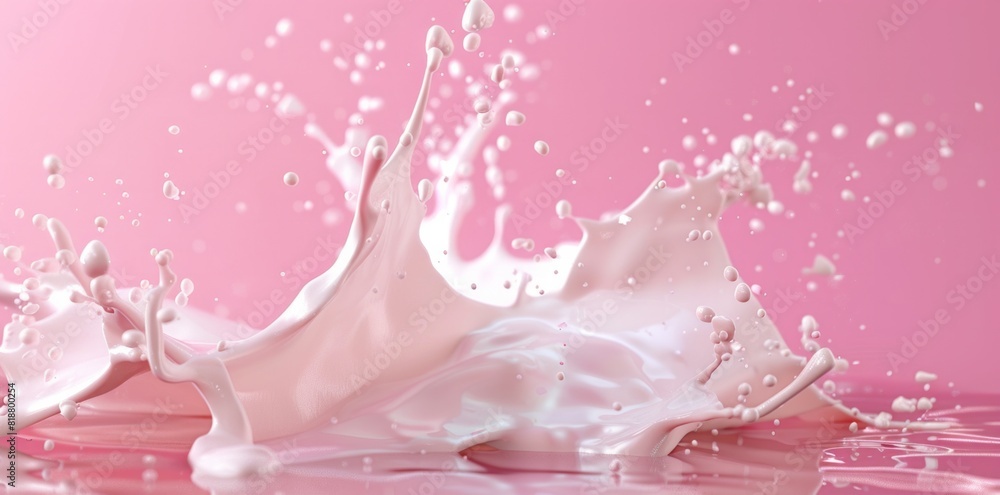 Poster 3d rendering of splash liquid milk or cream isolated on pink background with space for text