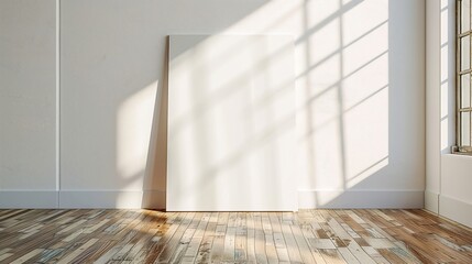 a blank canvas on in a room, sunlight from large window