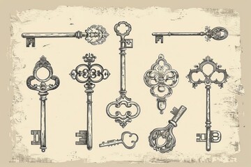 elegant handdrawn old keys illustrations vintage ink drawings