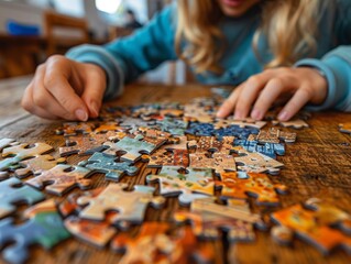 Naklejka premium Father's Day concept, puzzle building, family table
