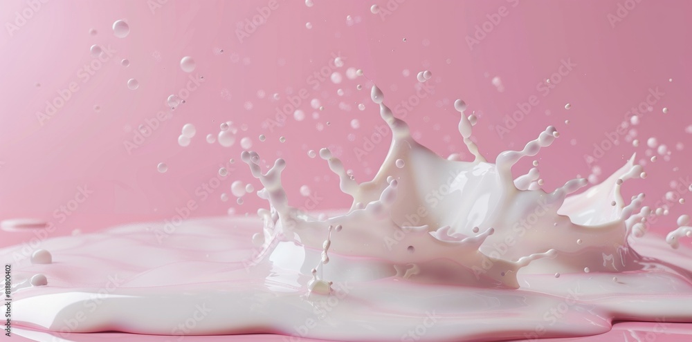 Poster 3d rendering of splash liquid milk or cream isolated on pink background with space for text