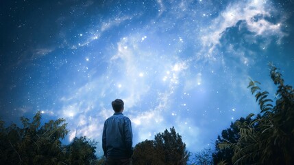a man that is looking up at the sky, starry sky