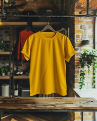Fototapeta premium Bright yellow T-shirt displayed on a hanger in a trendy brick-walled boutique with plants
