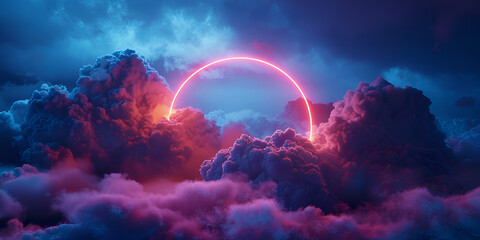 Abstract ring illuminated by neon light on a colorful background with clouds,