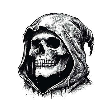 recommend clip art: hooded grim reaper skull. black and white hand drawn grim reaper illustration
