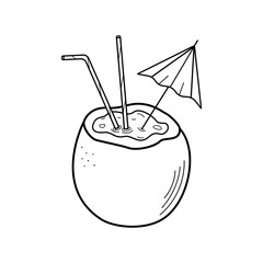 Tropical coconut cocktail with straw and umbrella. Vector illustration of a doodle sketch, the concept of a summer beach holiday relax. Single icon is isolated on a white background.