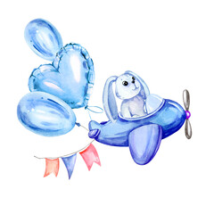 watercolor composition of child theme with a toy blue bunny sitting in blue airplane, shiny blue balloons, blue toy airplane, children's multicolored flags with isolated on white background