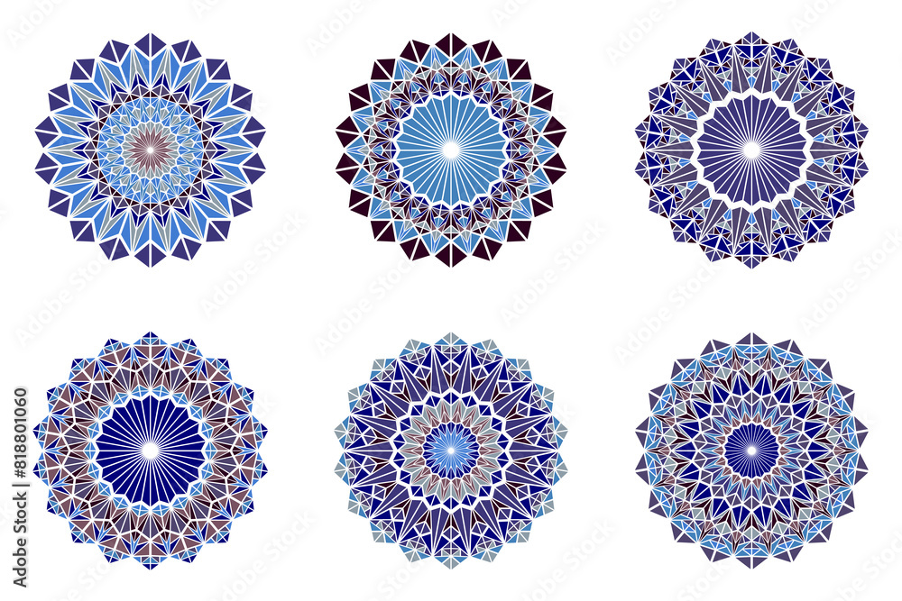 Poster colorful geometrical triangle tile mosaic mandala logo set - abstract polygonal round circular vecto