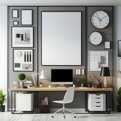 A Room with a mockup poster empty white and with a computer desk in office and a chair and a picture frame art used for printing attractive harmony used for printing.