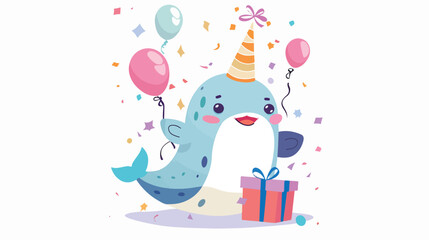 Festive cartoon narwhal with gift box tied by ribbon