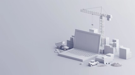 Fototapeta premium A minimalistic 3D illustration of a laptop in a construction setup with a crane, trucks, and blocks, symbolizing website or software development