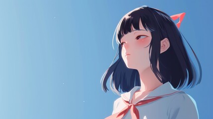 Illustration of a stylized anime girl with cat ears and school uniform gazing off into a clear blue sky
