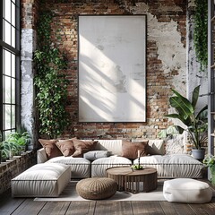A Poster Frame Mockup on the rustic wall with some green plant in the living room