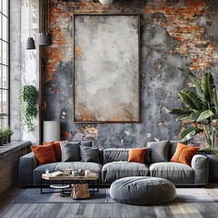 Poster Frame Mockup in rustic distressed wall with gray and orange decor