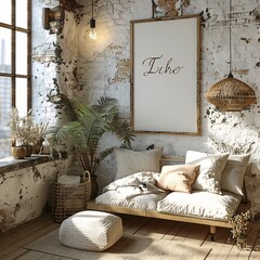 Poster Frame Mockup on exposed brick and distressed walls provide a rustic backdrop,