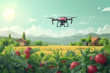Farm landscapes with drone technology improve vegetable farming, fertilization techniques, care management, isometric vector illustrations, smart farming efficiency, and nutrient management.