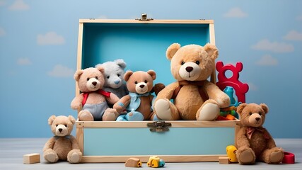 Baby kid toys in a toy box. With a light blue background, a container holds educational wooden toys and a teddy bear. beautiful selection of toys for young kids. frontal view