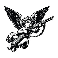 baby cupid angle holding a shotgun. black and white cupid hand drawn illustration