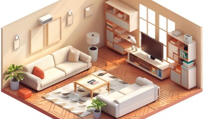 family room isometric interior home design. an illustration in 3d