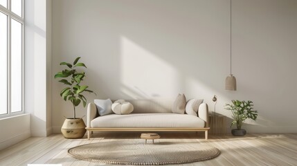 A modern minimalist living room design featuring a sofa with cushions, indoor plants, a round rug, and a wooden floor in natural light