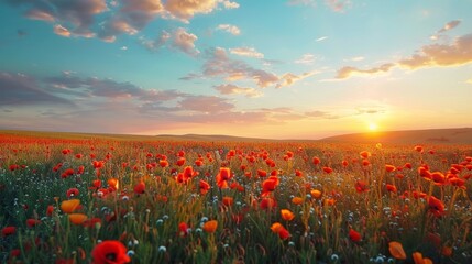 Stunning spring sunset landscape with orange poppy field and blue sky in beautiful spring scenery