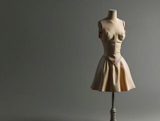 A dress on a mannequin with a gray background.