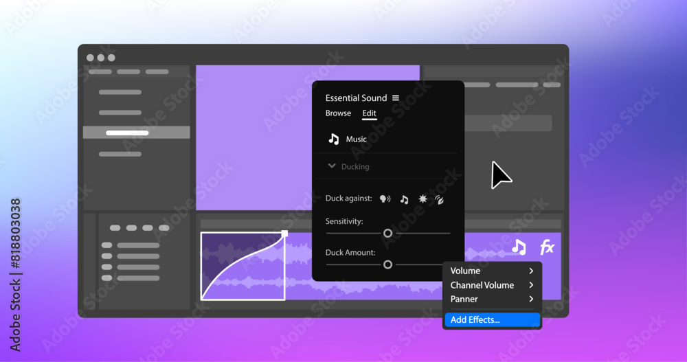 Poster interactive fade handles on audio clips. timeline in video editor. essential sound menu panel. vecto