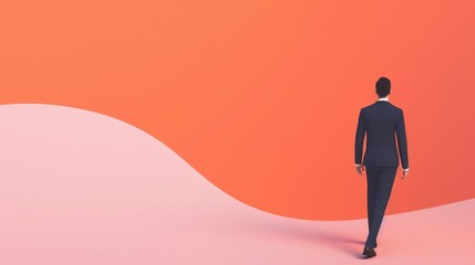 Obraz premium A businessman in a suit walks towards a blank, minimalist horizon with a contrasting curve separating colors