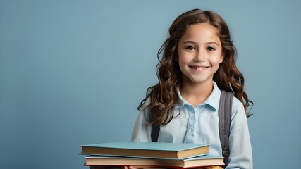 A cheerful young girl clutching a stack of books on a pale blue backdrop. Returning to school, early learning, reading, and the idea of a library