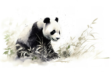Watercolor painting of panda in the grass on a white background. Wildlife Animals. Illustration, Generative AI.