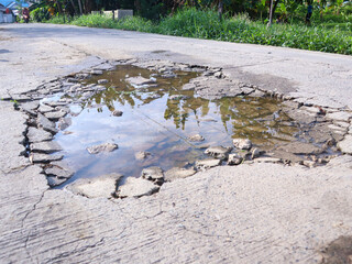 damaged concrete roads cause watery puddles. street illustration concept made from cement is not...