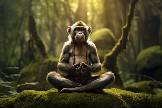 Monkey sitting and meditating in the forest. Monkey doing yoga Wildlife Animals.