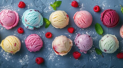 A variety of colorful ice cream scoops garnished with fresh raspberries and mint leaves