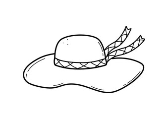 Summer women's hat with a ribbon from the sun. Vector illustration cartoon doodle style, accessory headdress
