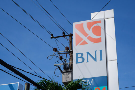 billboards or neon boxes with the Bank negara Indonesia or BNI bank logo. Bontang, East Kalimantan, Indonesia. may 20 2024