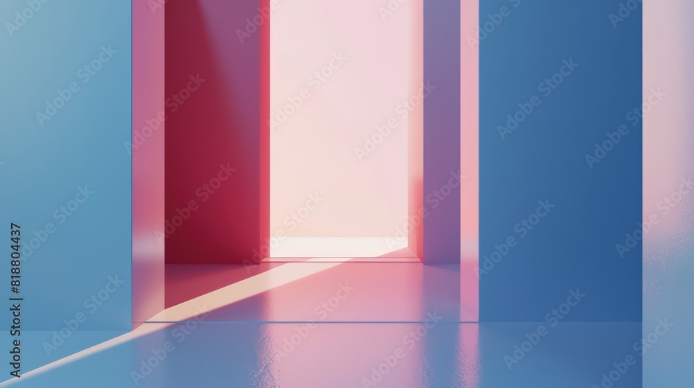 Poster this image depicts an abstract 3d render of a colorful hallway with blue and pink hues and light com